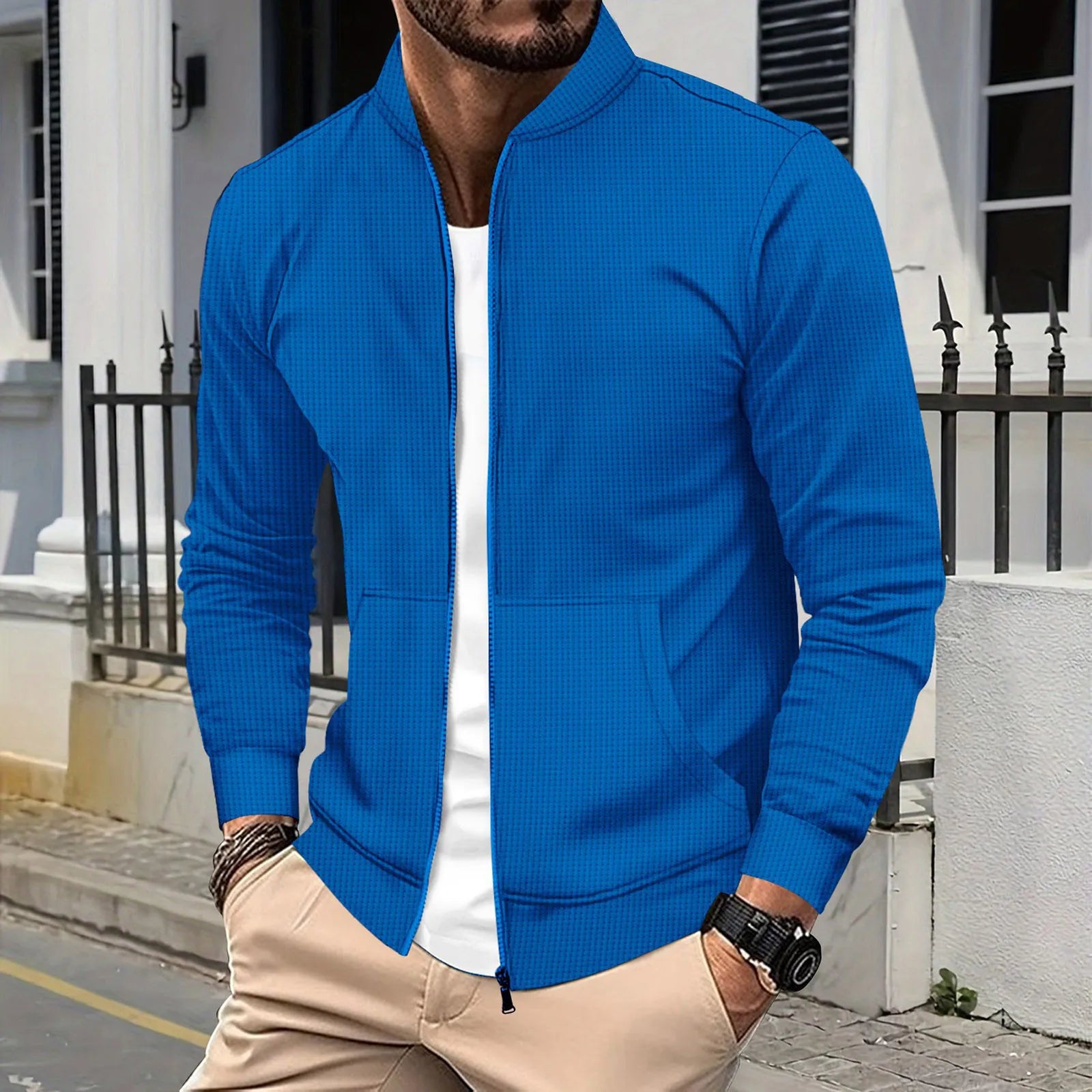 Men's Slim Fit Stand Collar Zip Jacket with Clean Minimalist Streetwear Design