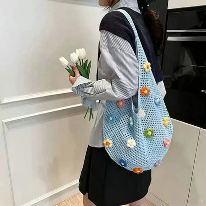 Open Knit Tote Shoulder Bag with Large Capacity Casual Design