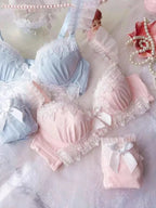 Pastel Pink Water-Soluble Lace Bra and Panty Set with Ribbon Details