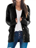 Women's Open Front Cable Knit Cardigan with Relaxed Long Sleeve Pocket Design
