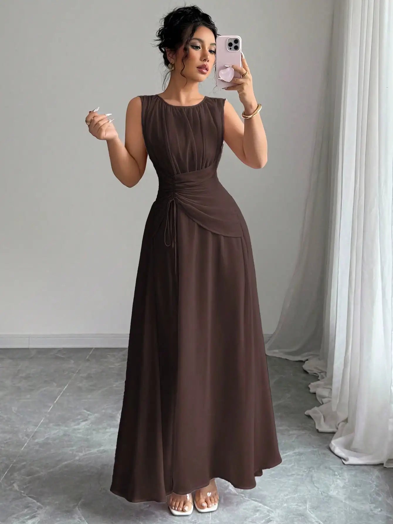 Sleeveless Chiffon Maxi Dress with Flowing A-Line Silhouette and Soft Drape