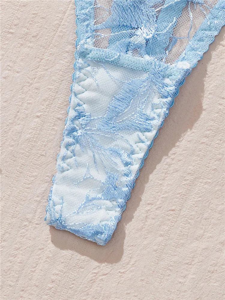 Serene Blue Sheer Mesh and Floral Embroidered Underwire Lingerie Set