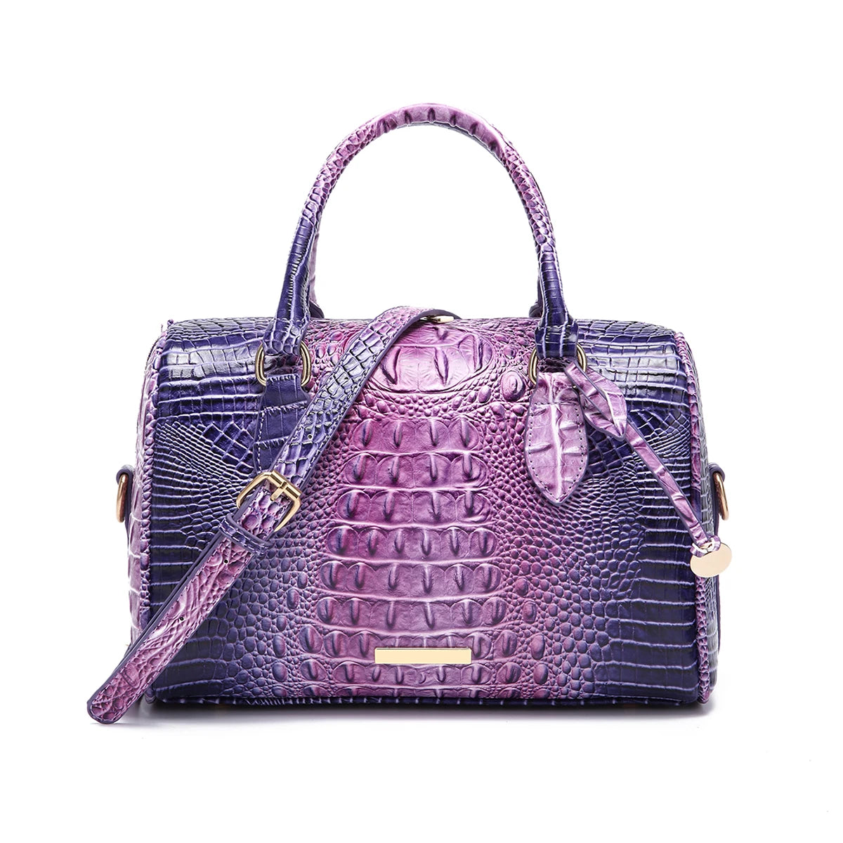 Embossed Top Handle Boston Satchel Bag with Detachable Crossbody Strap