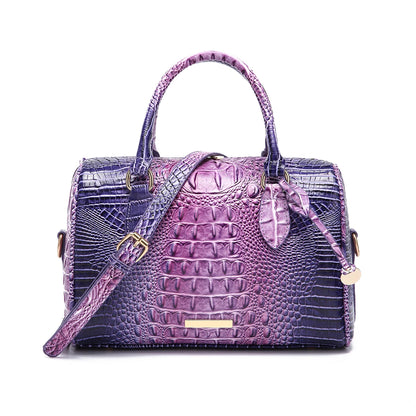 Embossed Top Handle Boston Satchel Bag with Detachable Crossbody Strap