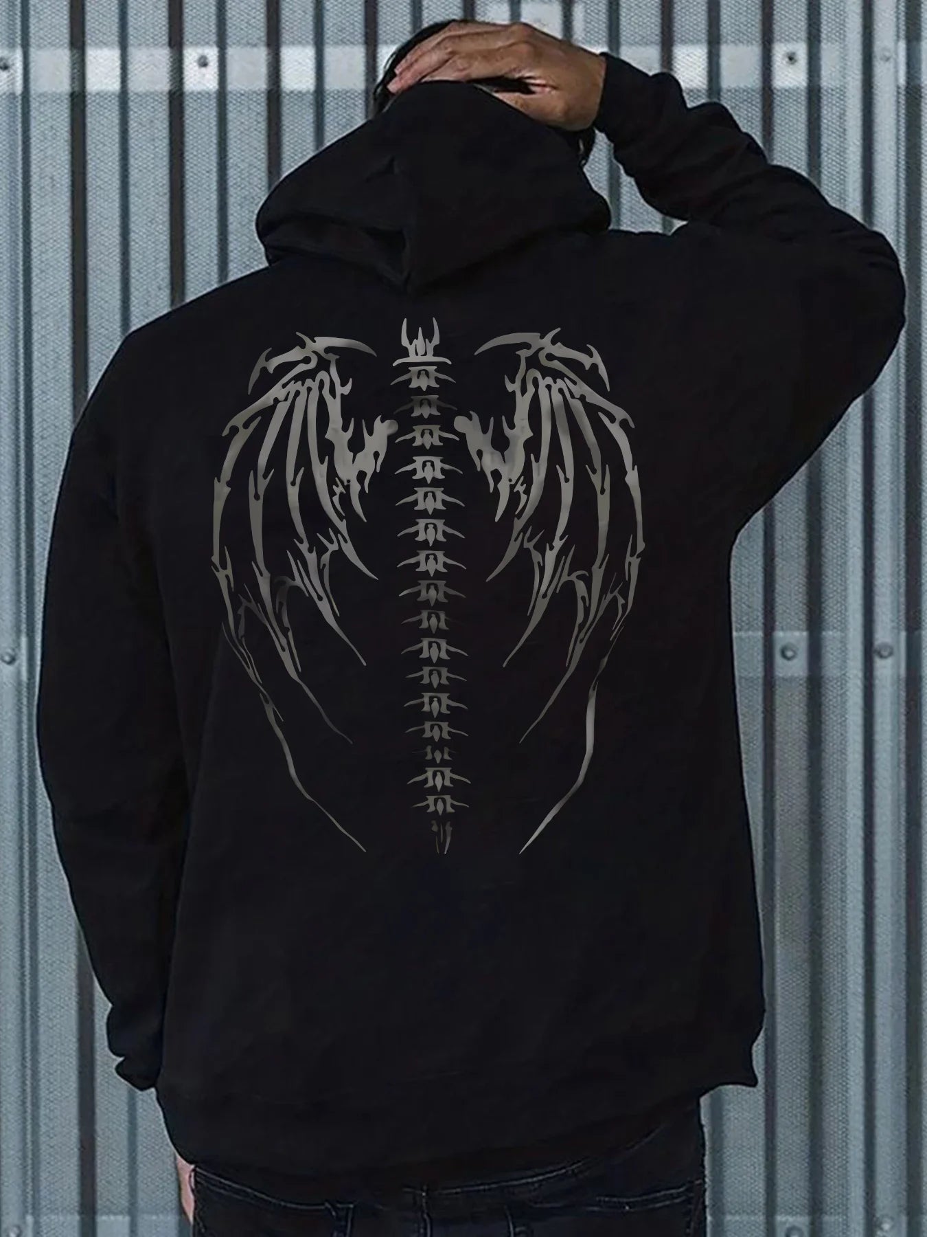 Dark Gothic Streetwear Hoodie With Wing Spine Graphic Design