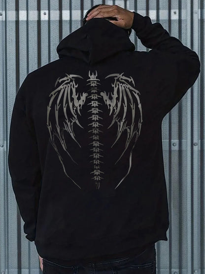 Dark Gothic Streetwear Hoodie With Wing Spine Graphic Design