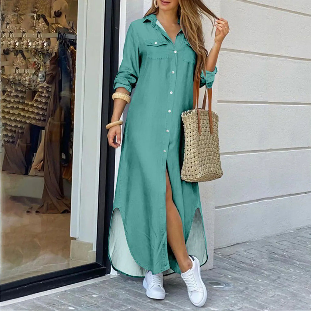 Button Front Shirt Maxi Dress with Relaxed Side Slit Styling