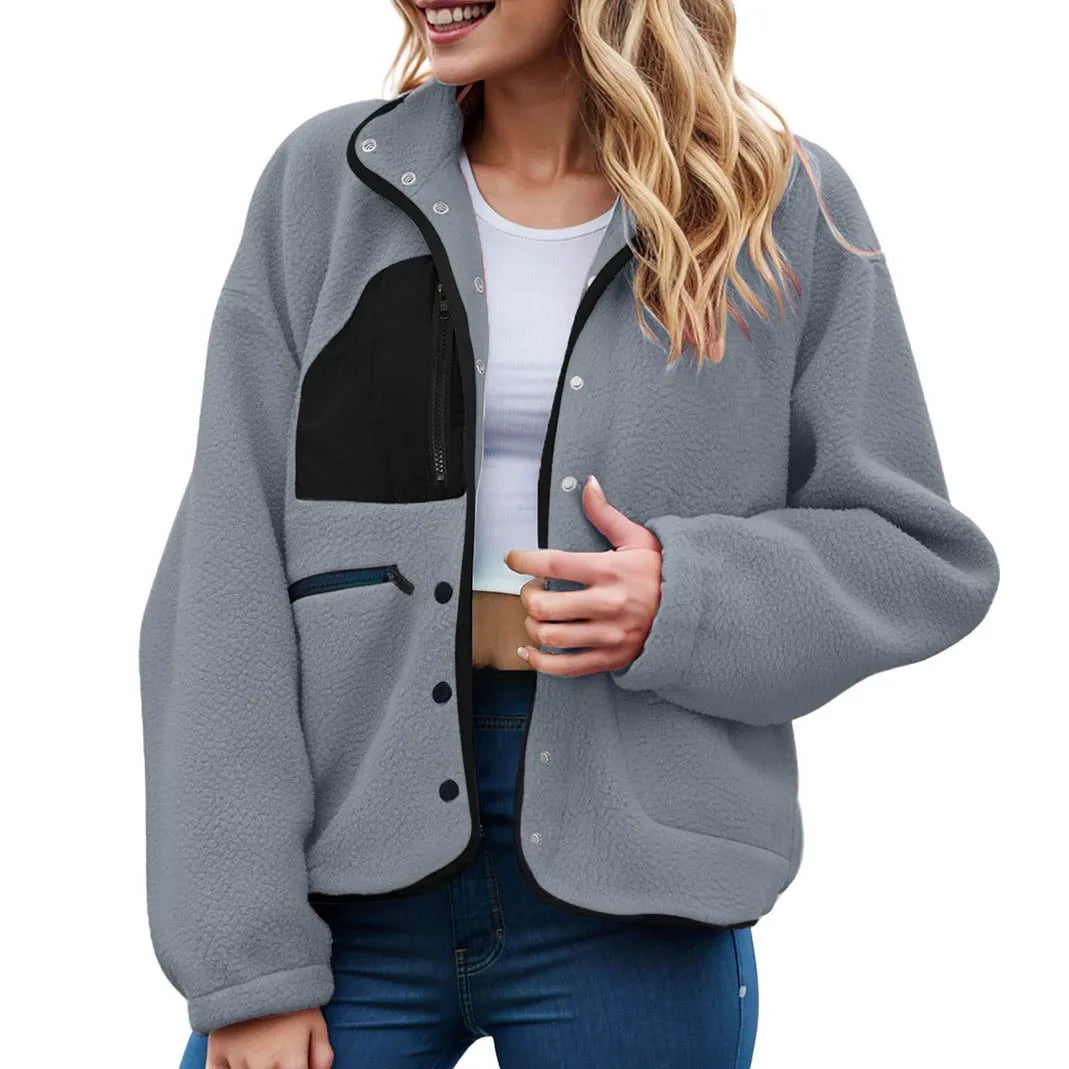 Women's Cropped Teddy Fleece Button Front Jacket Cozy Casual Everyday Layering Outerwear