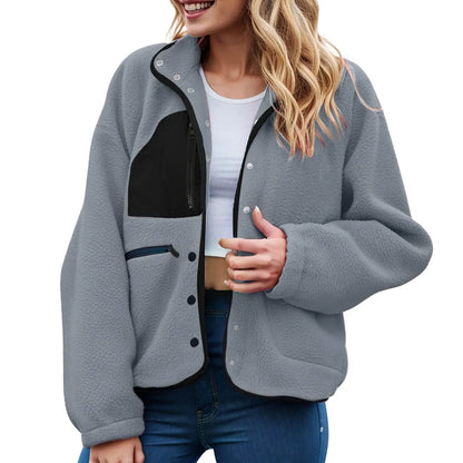 Women's Cropped Teddy Fleece Button Front Jacket Cozy Casual Everyday Layering Outerwear
