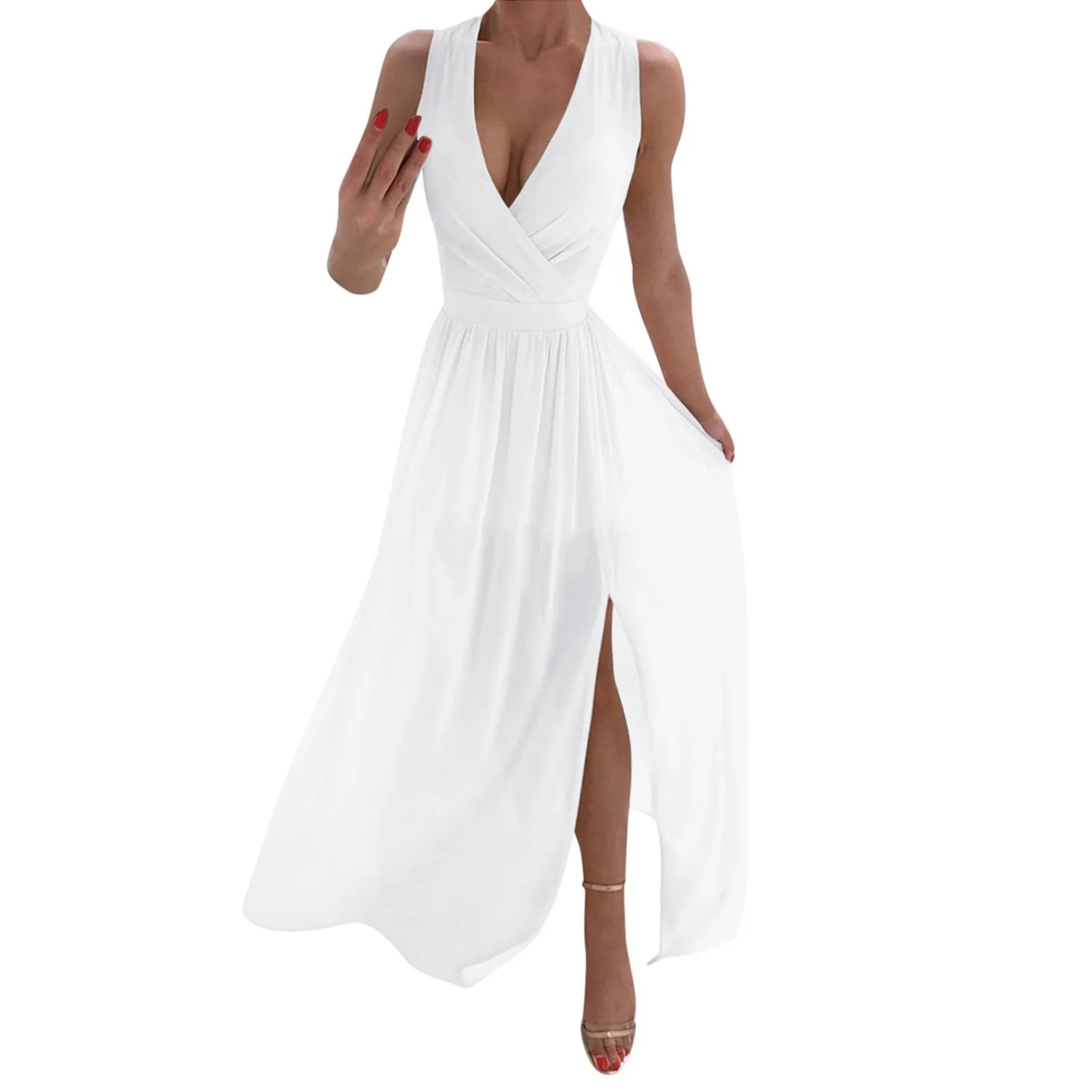 Sleeveless V-Neck A-Line Maxi Dress with Side Slit and Flowy Fit
