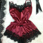 Contrasting Black Lace and Peach Satin-Finish Two-Piece Cami and Shorts Sleep Set