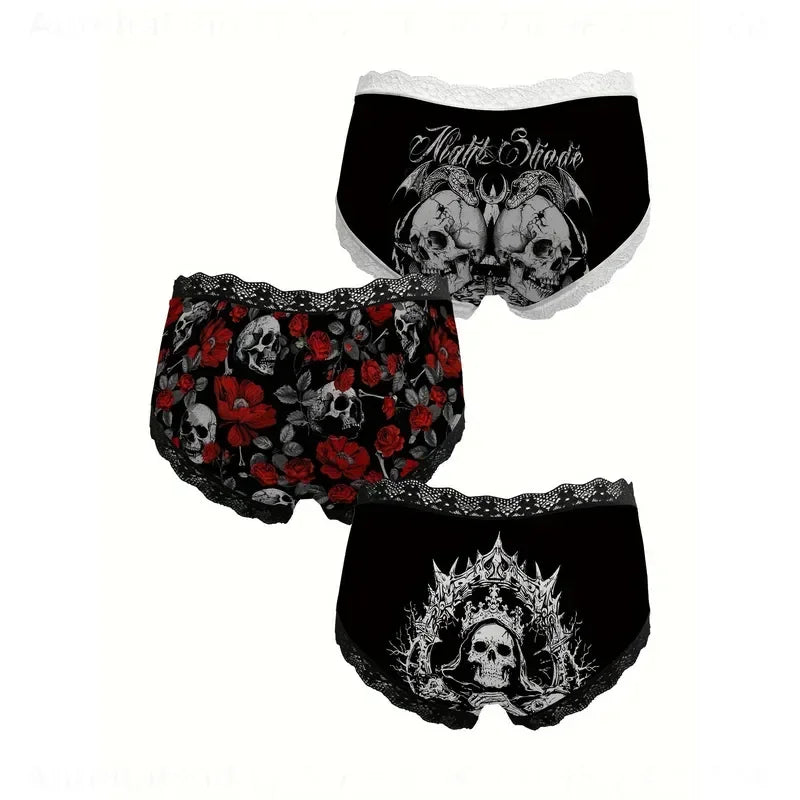 3-Piece Women’s Black and Red Skull Print Briefs Set with Lace Details, Floral Accents and Edgy Alternative Style