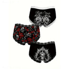 3-Piece Women’s Black and Red Skull Print Briefs Set with Lace Details, Floral Accents and Edgy Alternative Style