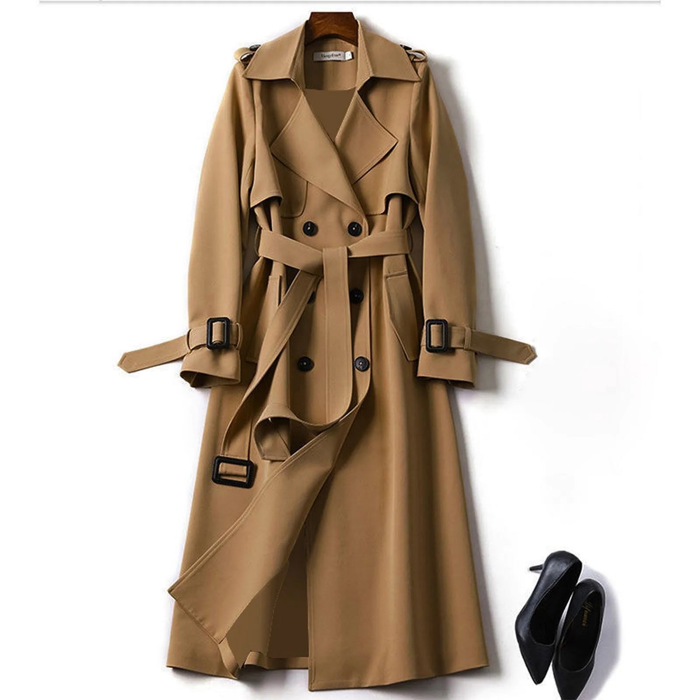 Women's Long Belted Trench Coat with Structured Silhouette for Contemporary Outerwear Styling