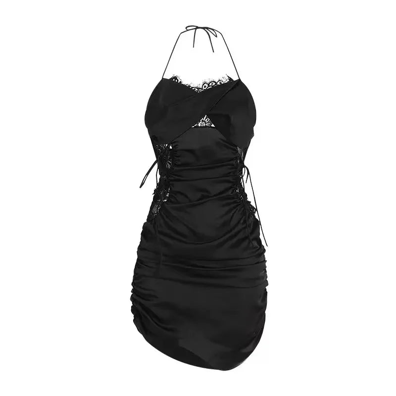 Form-Fitting Black Halter Mini Dress with Ruched Side Ties and Lace Accents