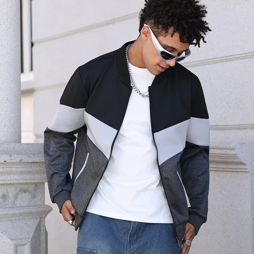 Men's Color Block Zip-Up Bomber Jacket with Modern Casual Streetwear Fit
