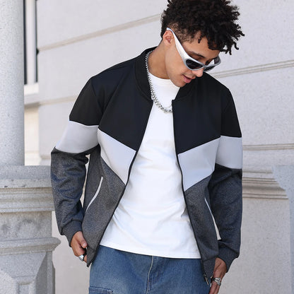 Men's Color Block Zip-Up Bomber Jacket with Modern Casual Streetwear Fit