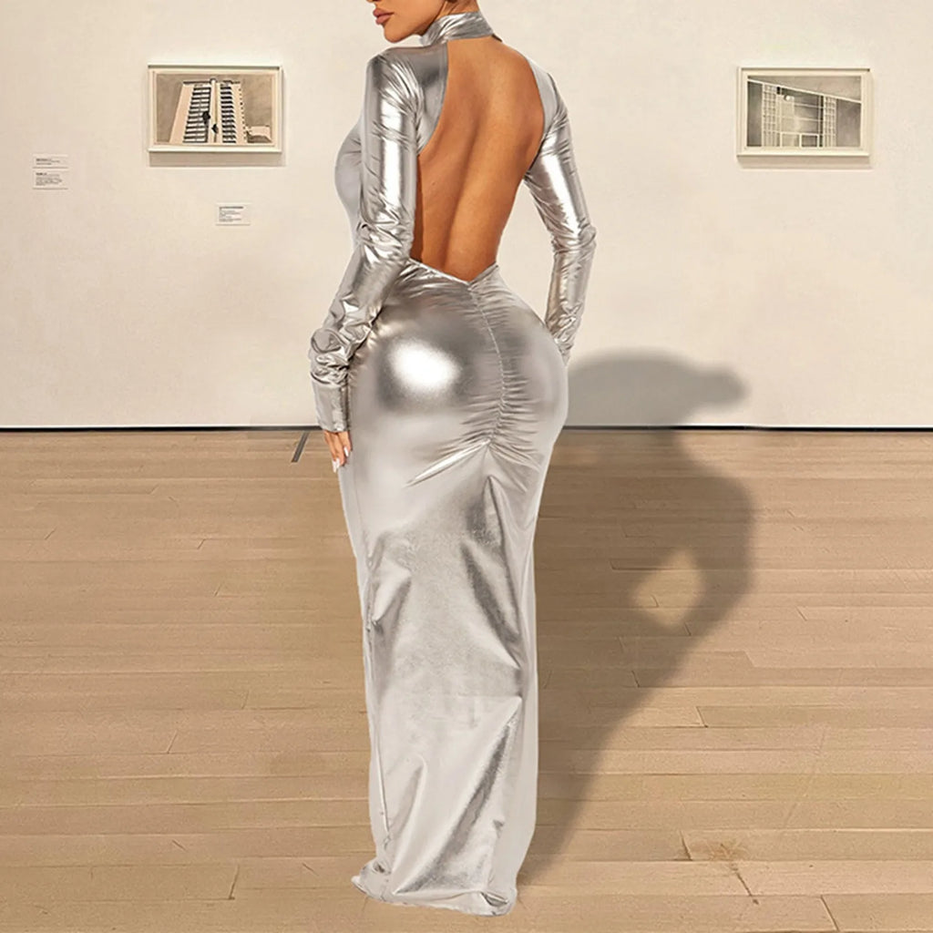 Shimmer Bodycon Maxi Dress with Open Back and Long Sleeves