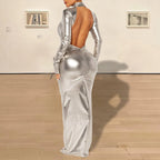 Shimmer Bodycon Maxi Dress with Open Back and Long Sleeves