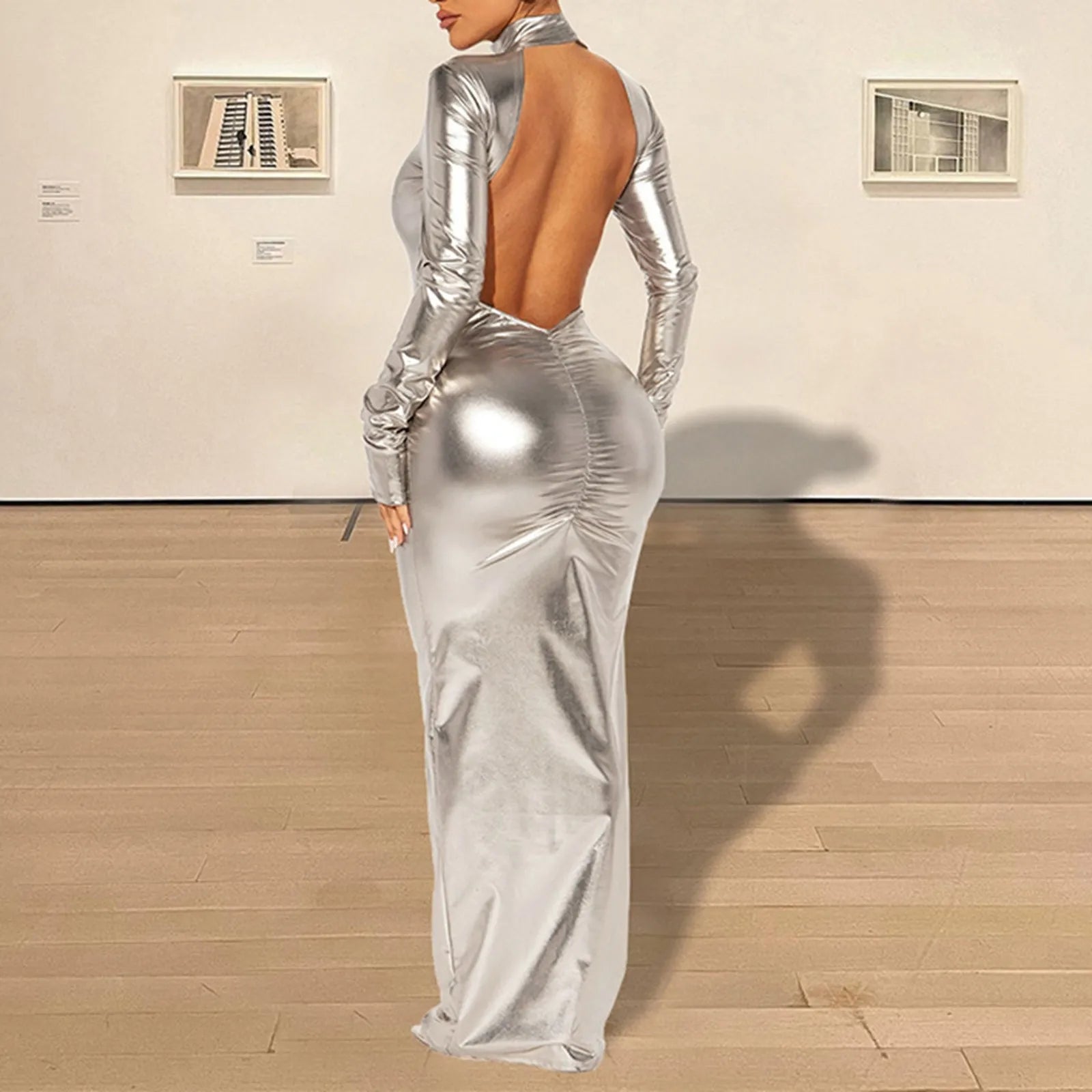 Shimmer Bodycon Maxi Dress with Open Back and Long Sleeves