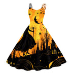 Black and White Bat Print A-Line Swing Dress with Double Spaghetti Straps