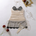 Two-Tone Ruched Halter Babydoll Dress with Black Lace Bodice and Drawstring Sides