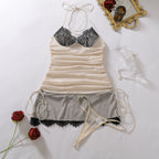 Two-Tone Ruched Halter Babydoll Dress with Black Lace Bodice and Drawstring Sides
