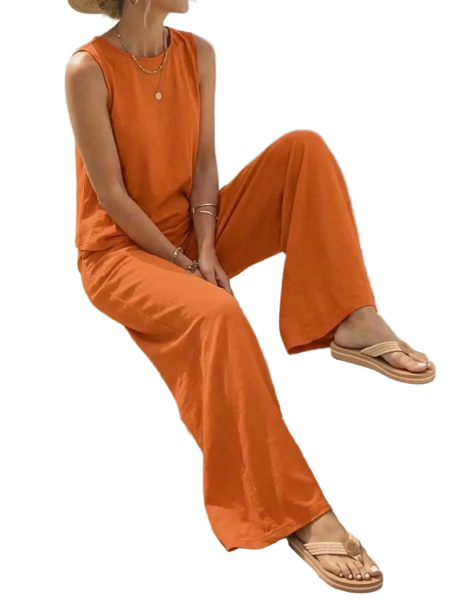 Relaxed Sleeveless Top and Wide Leg Pants Summer Co-Ord Set for Women
