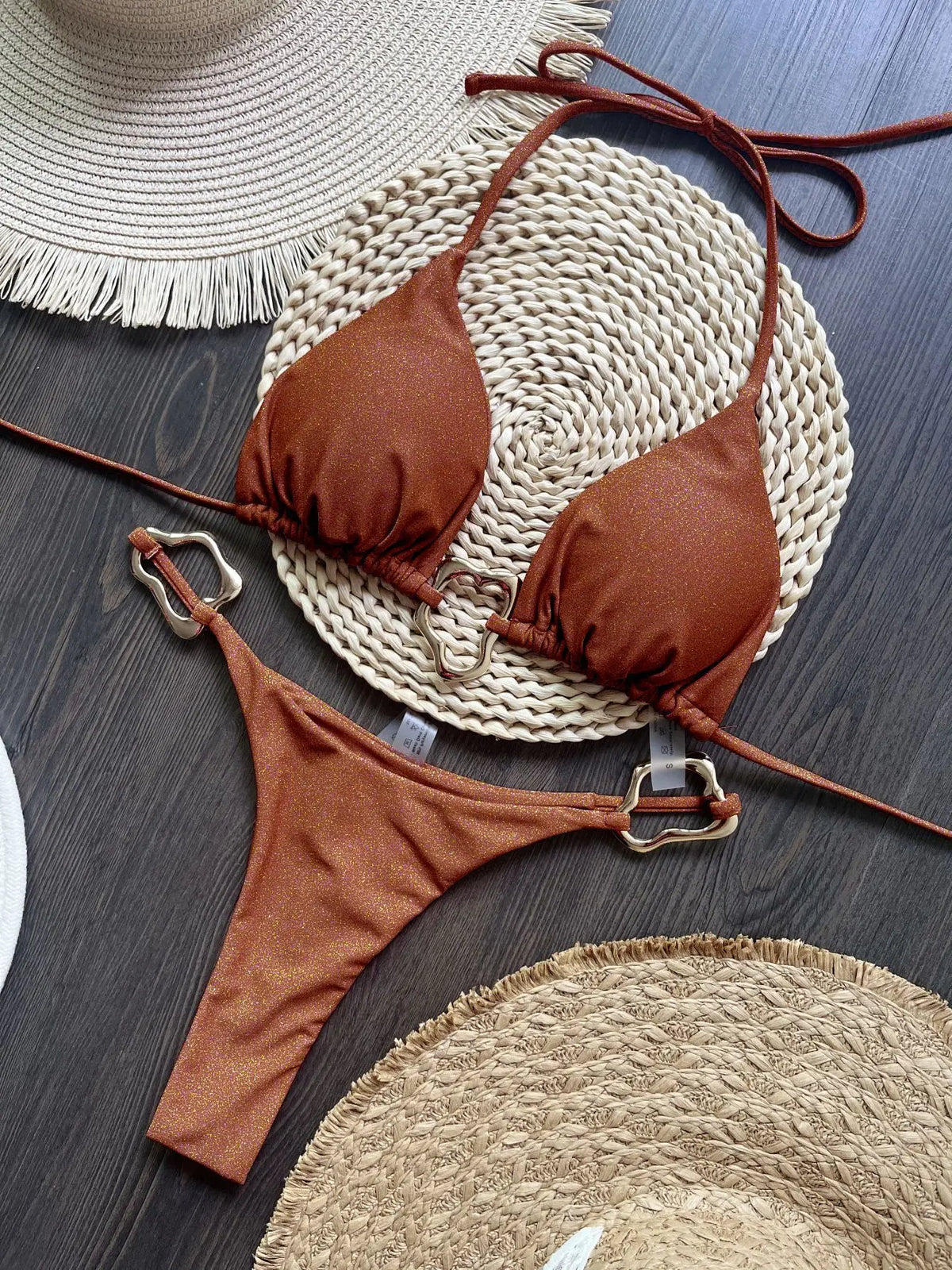 Vibrant Red String Bikini Set with Abstract Gold-Tone Hardware