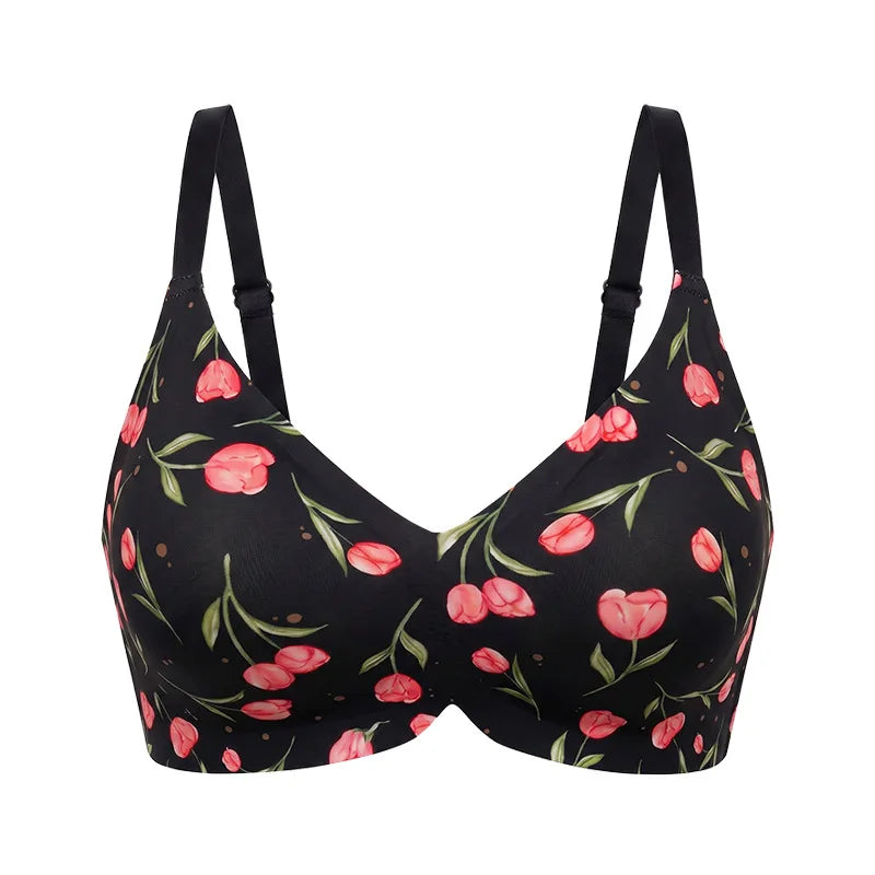 Cheerful Cherry Print Wire-Free Plunge Bra with Scalloped Trim