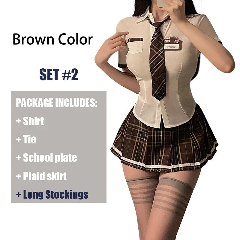 Earth-Toned Collegiate Roleplay Set with Collared Top, Brown Plaid Skirt, and Coordinated Tie