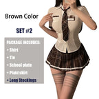 Earth-Toned Collegiate Roleplay Set with Collared Top, Brown Plaid Skirt, and Coordinated Tie