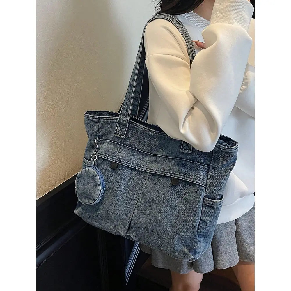 Washed Texture Utility Tote Shoulder Bag with Multi Pocket Design