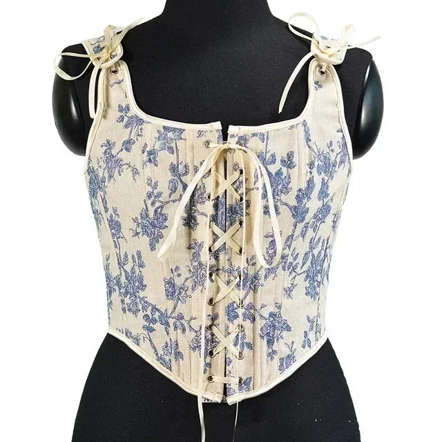 Elegant Beige Lace-Up Corset Top with Adjustable Tie-Shoulder Straps