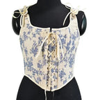 Elegant Beige Lace-Up Corset Top with Adjustable Tie-Shoulder Straps