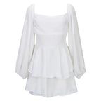 Romantic White Chiffon-Style Mini Dress with Billowing Sleeves and Tiered Ruffles