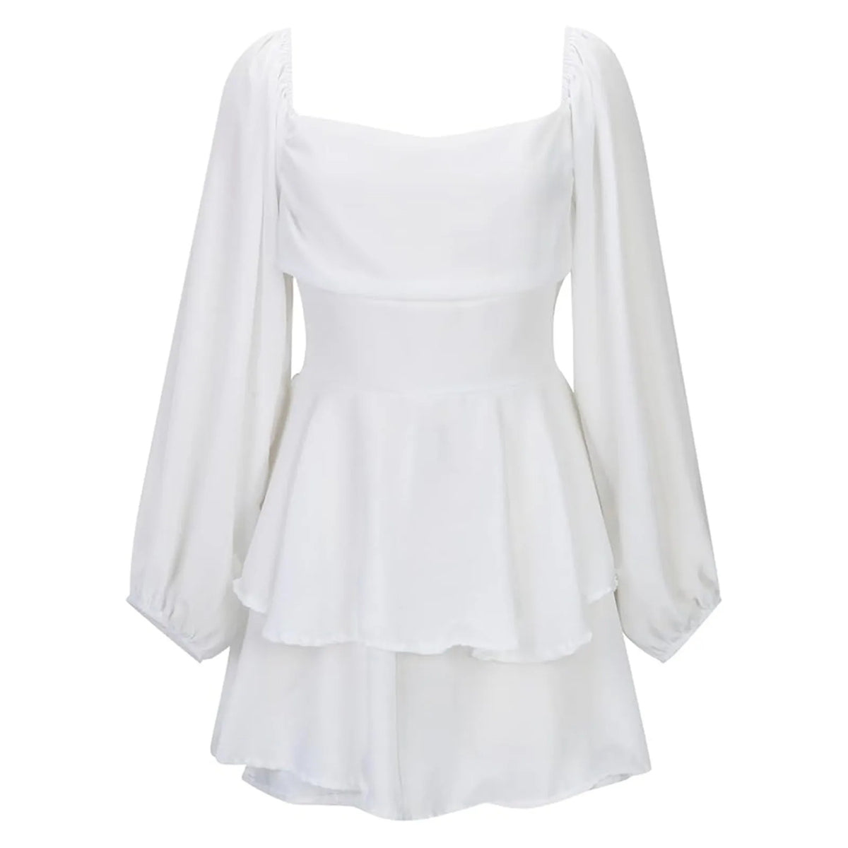 Romantic White Chiffon-Style Mini Dress with Billowing Sleeves and Tiered Ruffles