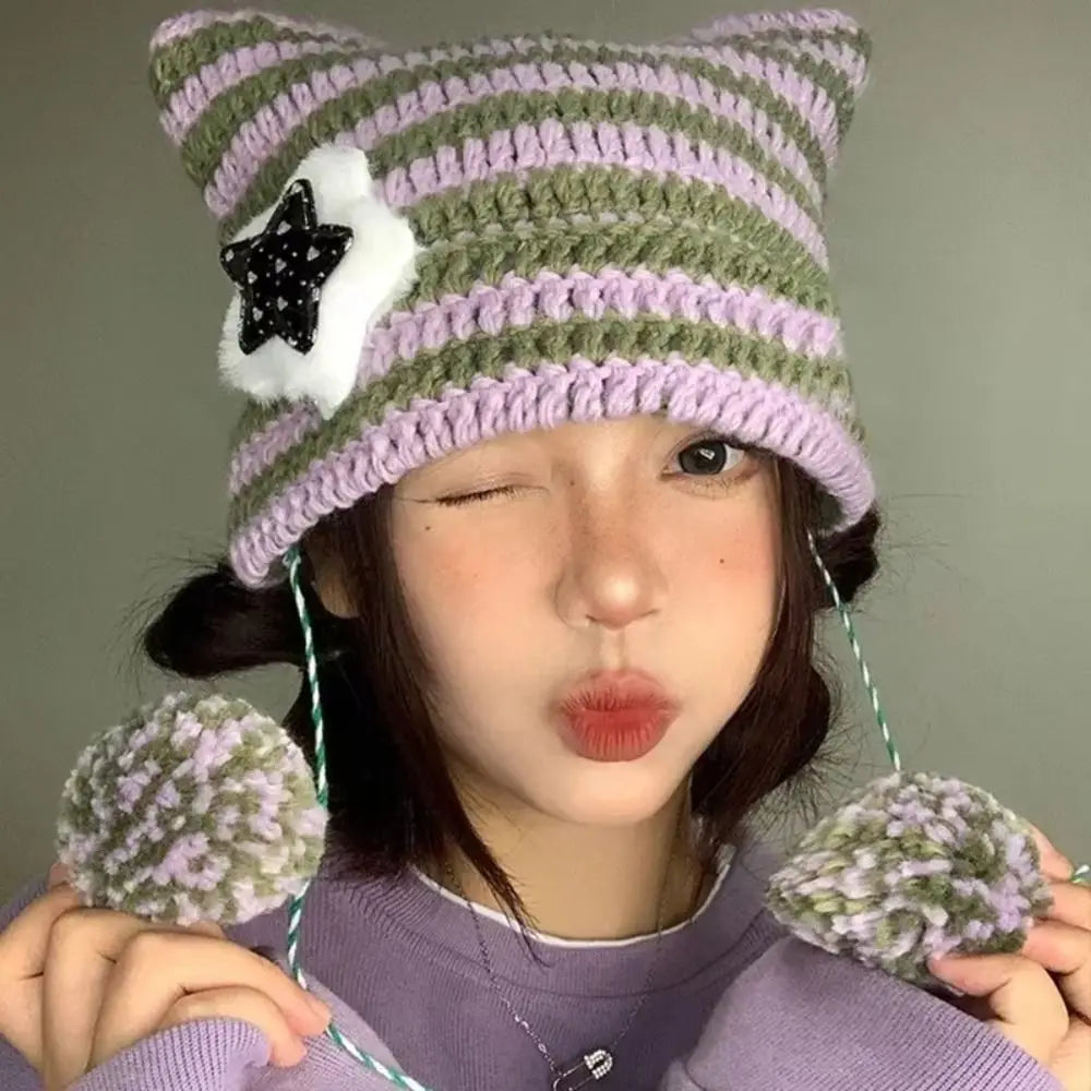 Striped Pointed Knit Beanie with Ear Accents for Playful Streetwear Winter Fashion Style