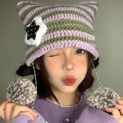 Striped Pointed Knit Beanie with Ear Accents for Playful Streetwear Winter Fashion Style
