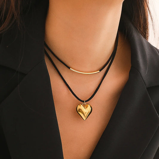 Layered Heart Pendant Choker Necklace for Dark Feminine Alternative Style