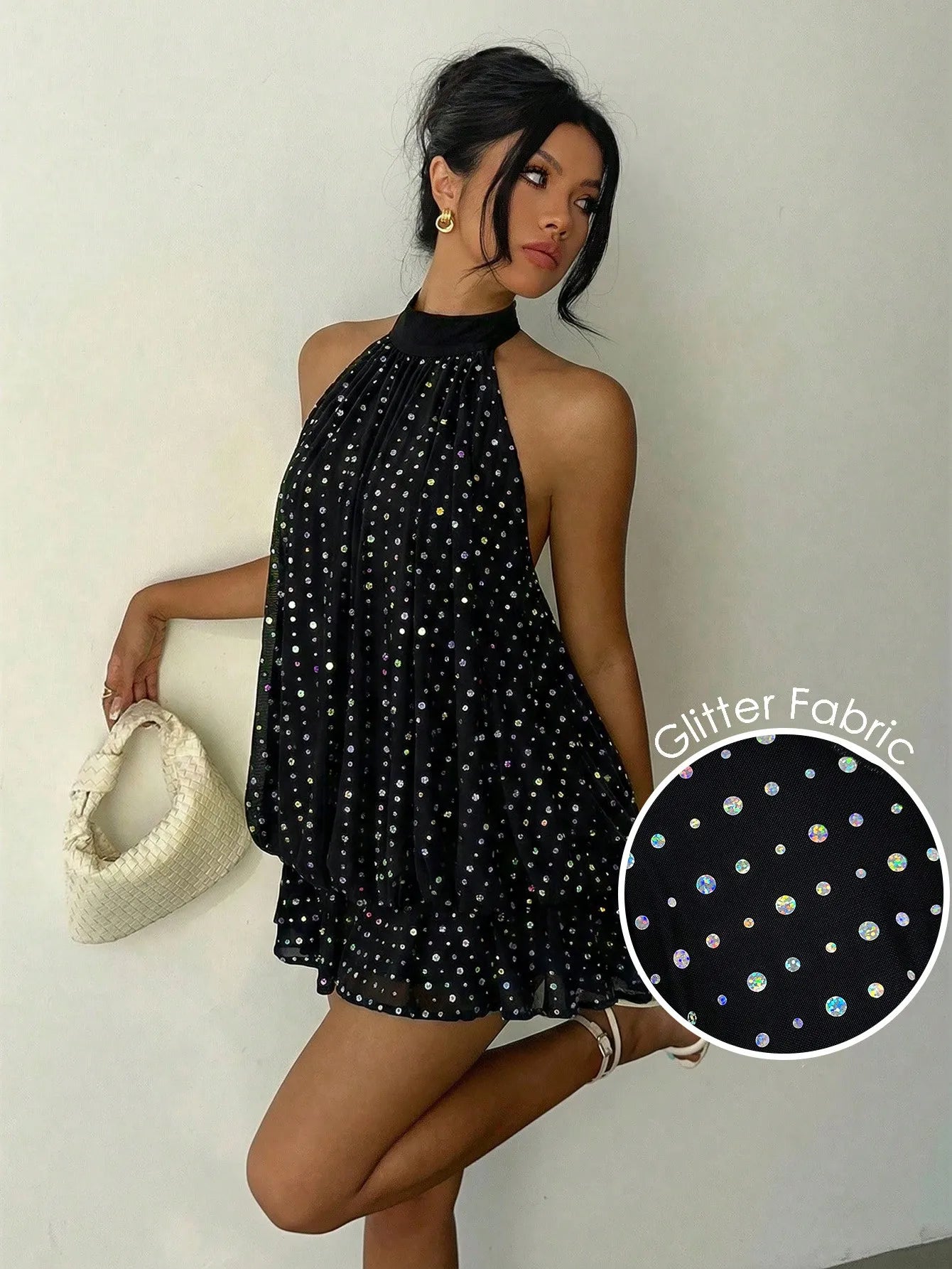 Ruched Halter Neck Tiered Mini Dress With Flowy A-Line Party Silhouette