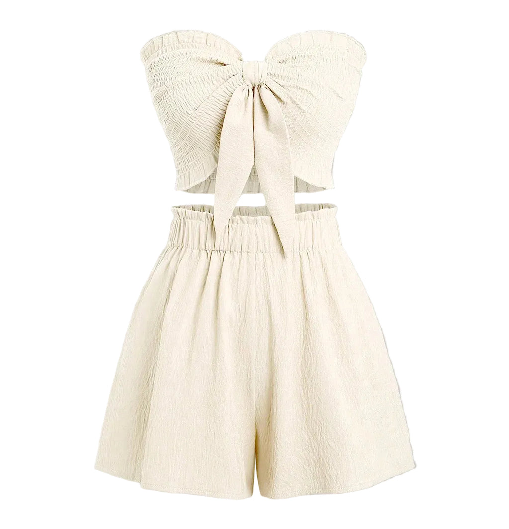 Front Knot Strapless Top and Shorts Summer Casual Co-Ord Set