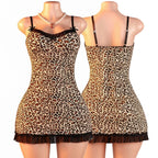 Bold Leopard Print Bodycon Slip Dress with Sheer Black Lace Trim