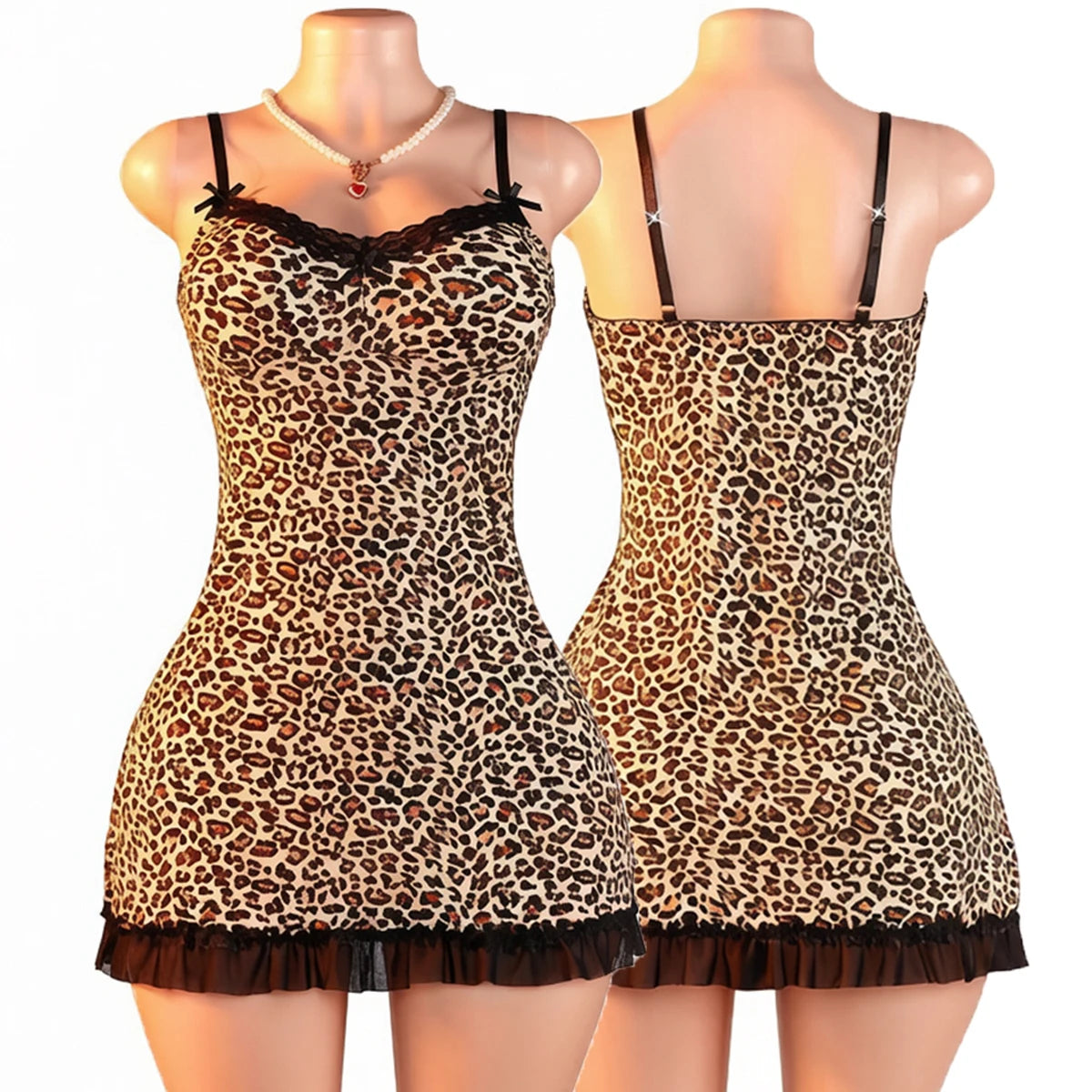 Bold Leopard Print Bodycon Slip Dress with Sheer Black Lace Trim