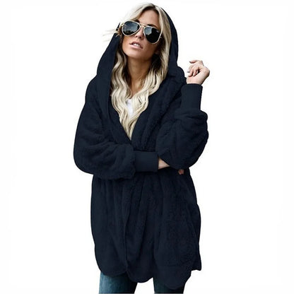 Women's Hooded Plush Fleece Cardigan Open Front Cozy Casual Layering Jacket