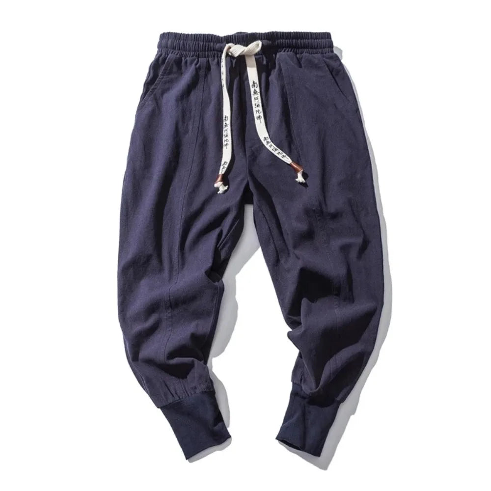 Men's Cotton Linen Drop Crotch Harem Pants with Elastic Waist Relaxed Casual Streetwear Style