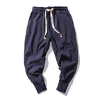 Men's Cotton Linen Drop Crotch Harem Pants with Elastic Waist Relaxed Casual Streetwear Style