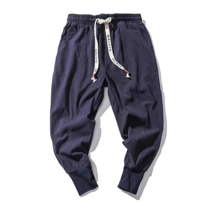 Men's Cotton Linen Drop Crotch Harem Pants with Elastic Waist Relaxed Casual Streetwear Style