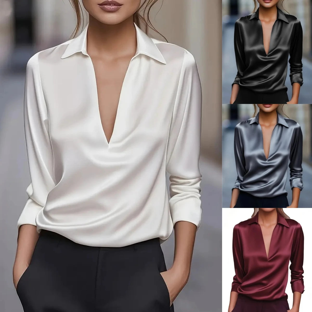Elegant V-Neck Pullover Blouse with Classic Collar and Smooth Finish