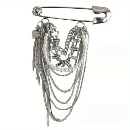 Punk Safety Pin Chain Tassel Statement Brooch Accessory